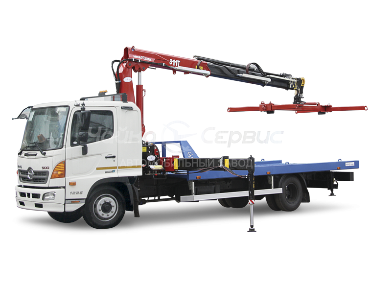Эвакуатор HINO-500 M2 с прямой платформой и КМУ Чайка NR816T 2S
